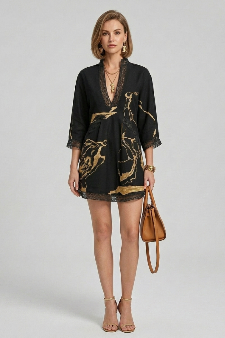 Stacey | Women's Black Mini Dress – V Neck Gold Marble Print Casual Dress