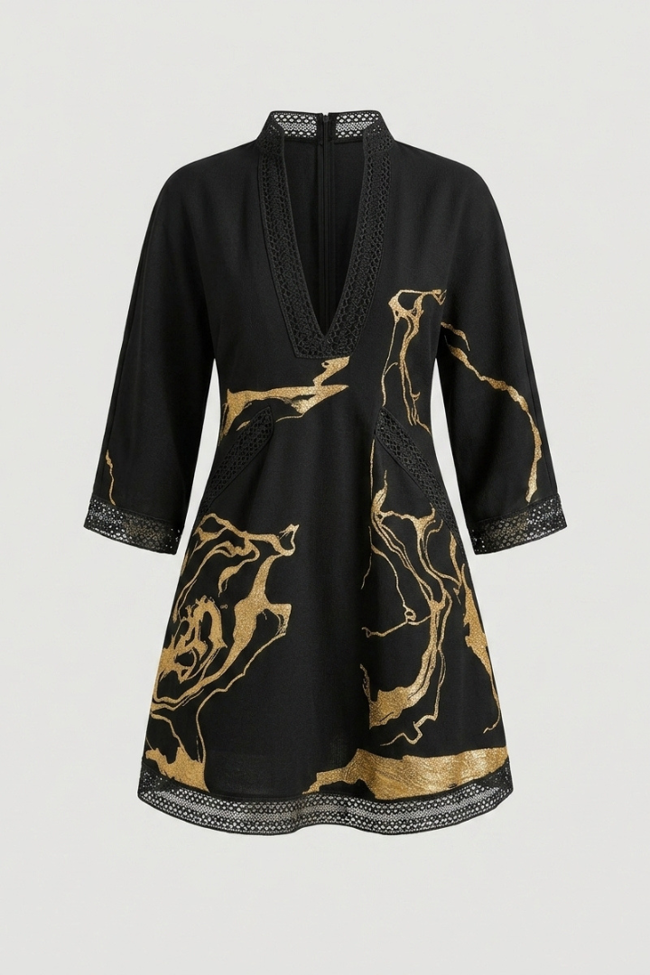 Stacey | Women's Black Mini Dress – V Neck Gold Marble Print Casual Dress