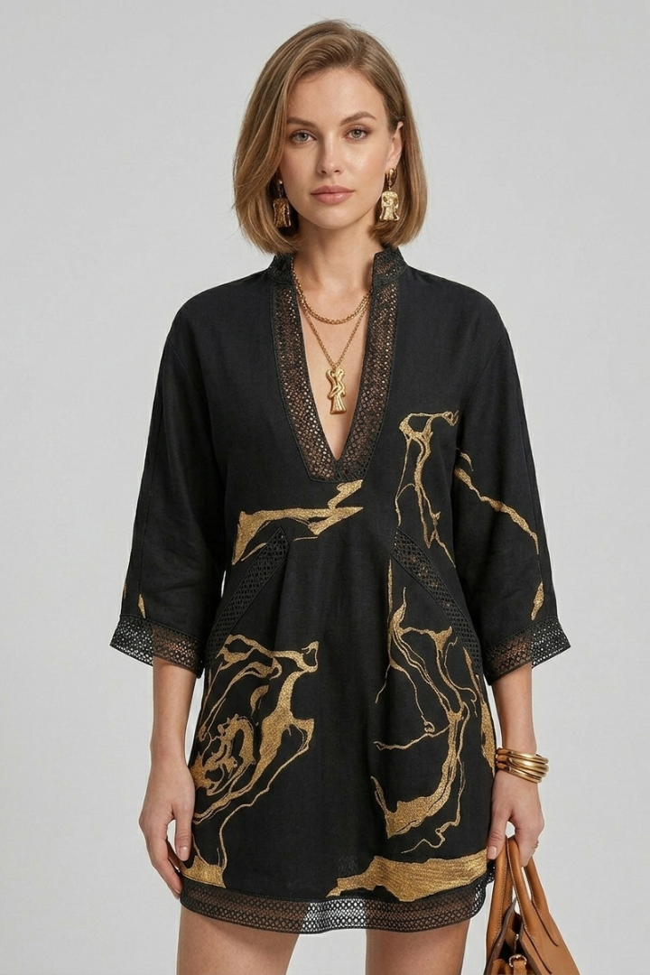 Stacey | Women's Black Mini Dress – V Neck Gold Marble Print Casual Dress