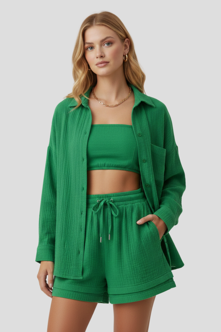 Women’s Two Piece Set with Oversized Blouse and Muslin Shorts