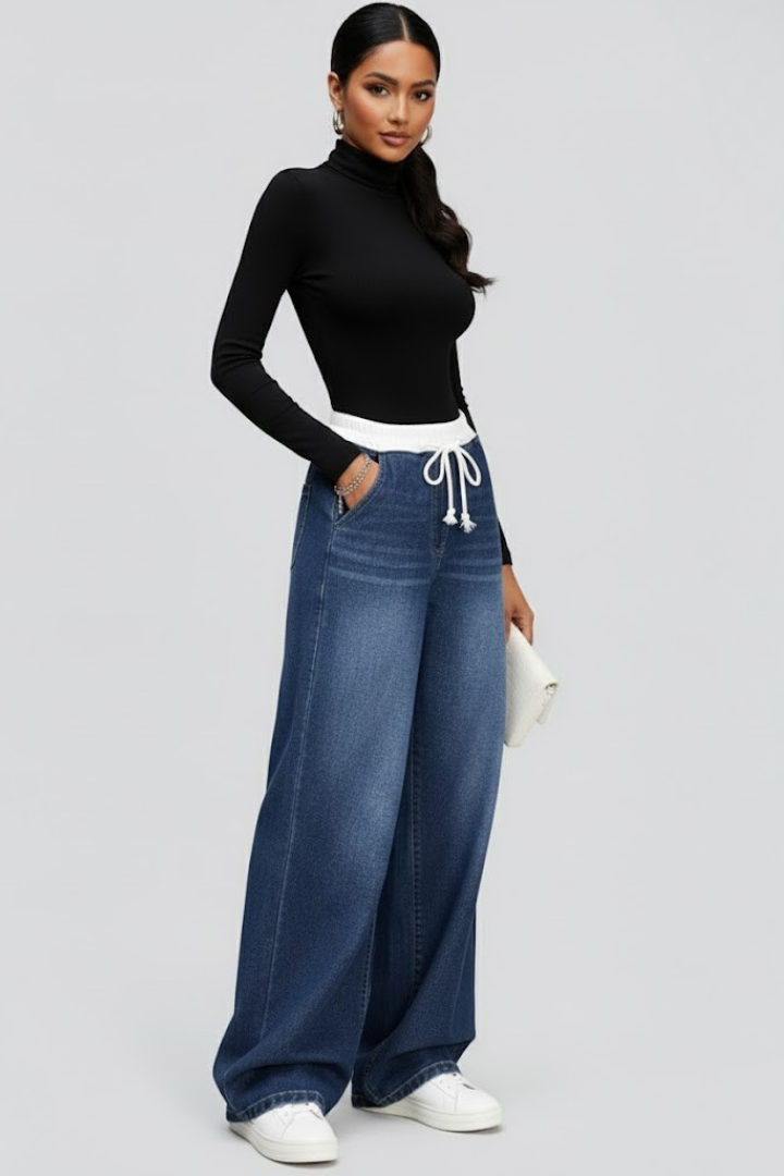 Women’s Wide-Leg Jeans with Drawstring Waist and Long Legs