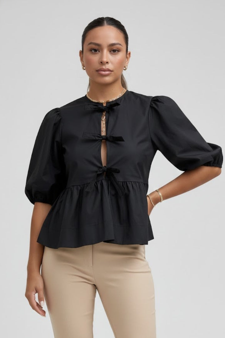 Aela | Women’s Peplum Tie Front Blouse – Puff Sleeve Bow Detail Babydoll Shirt