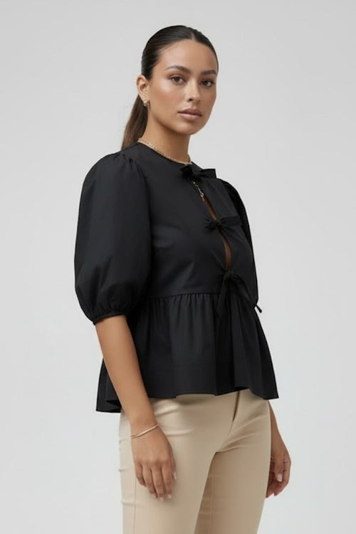 Aela | Women’s Peplum Tie Front Blouse – Puff Sleeve Bow Detail Babydoll Shirt