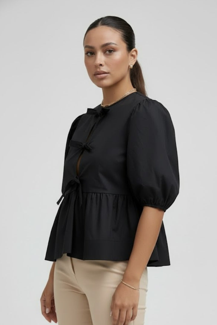 Aela | Women’s Peplum Tie Front Blouse – Puff Sleeve Bow Detail Babydoll Shirt