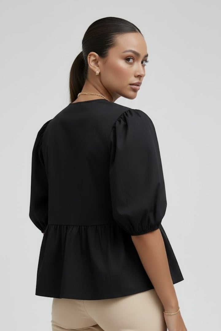 Aela | Women’s Peplum Tie Front Blouse – Puff Sleeve Bow Detail Babydoll Shirt