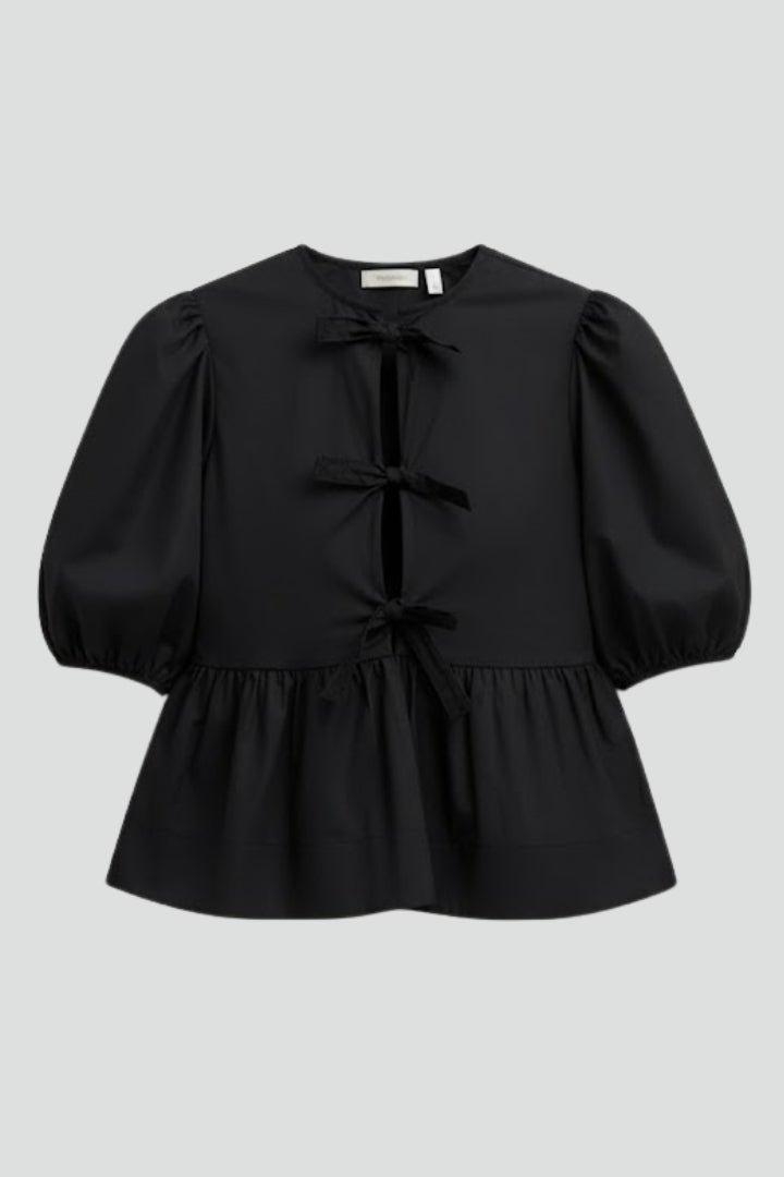 Aela | Women’s Peplum Tie Front Blouse – Puff Sleeve Bow Detail Babydoll Shirt