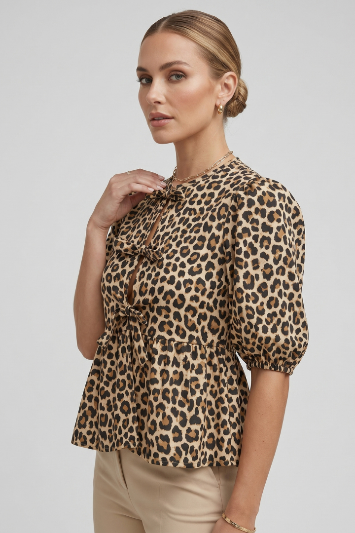 Aela | Women’s Peplum Tie Front Blouse – Puff Sleeve Bow Detail Babydoll Shirt