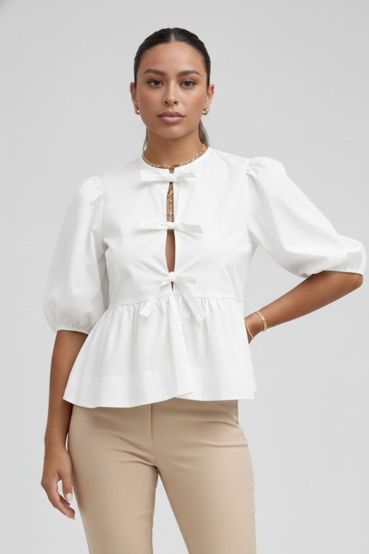 Aela | Women’s Peplum Tie Front Blouse – Puff Sleeve Bow Detail Babydoll Shirt