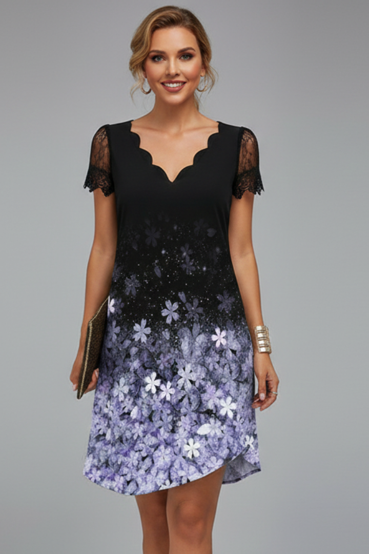 Aelina | Women's Short Sleeve Mini Dress – V-Neck Casual Summer Dress with Lace Textured