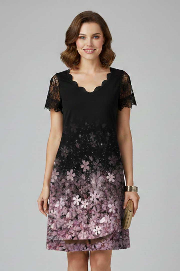 Aelina | Women's Short Sleeve Mini Dress – V-Neck Casual Summer Dress with Lace Textured