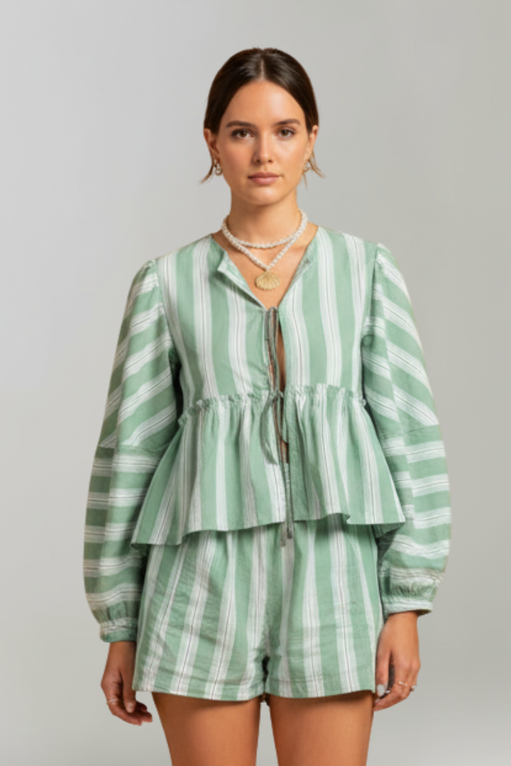 Aelisse | Women’s 2-Piece Set – Long Sleeve Tie Front Top & Shorts, Casual Summer Outfit