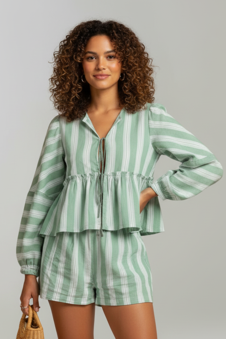 Aelisse | Women’s 2-Piece Set – Long Sleeve Tie Front Top & Shorts, Casual Summer Outfit