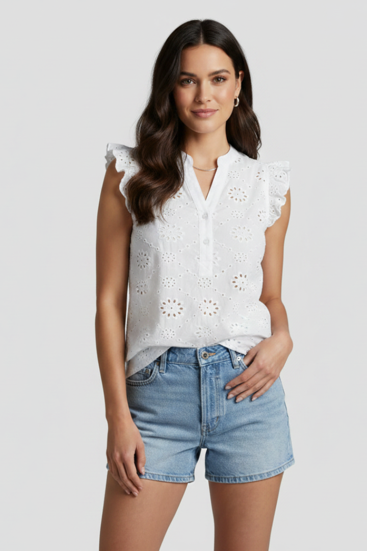 Aeloria | Women’s Sleeveless Eyelet Blouse – Ruffle Shoulder Top, Embroidered Summer Shirt