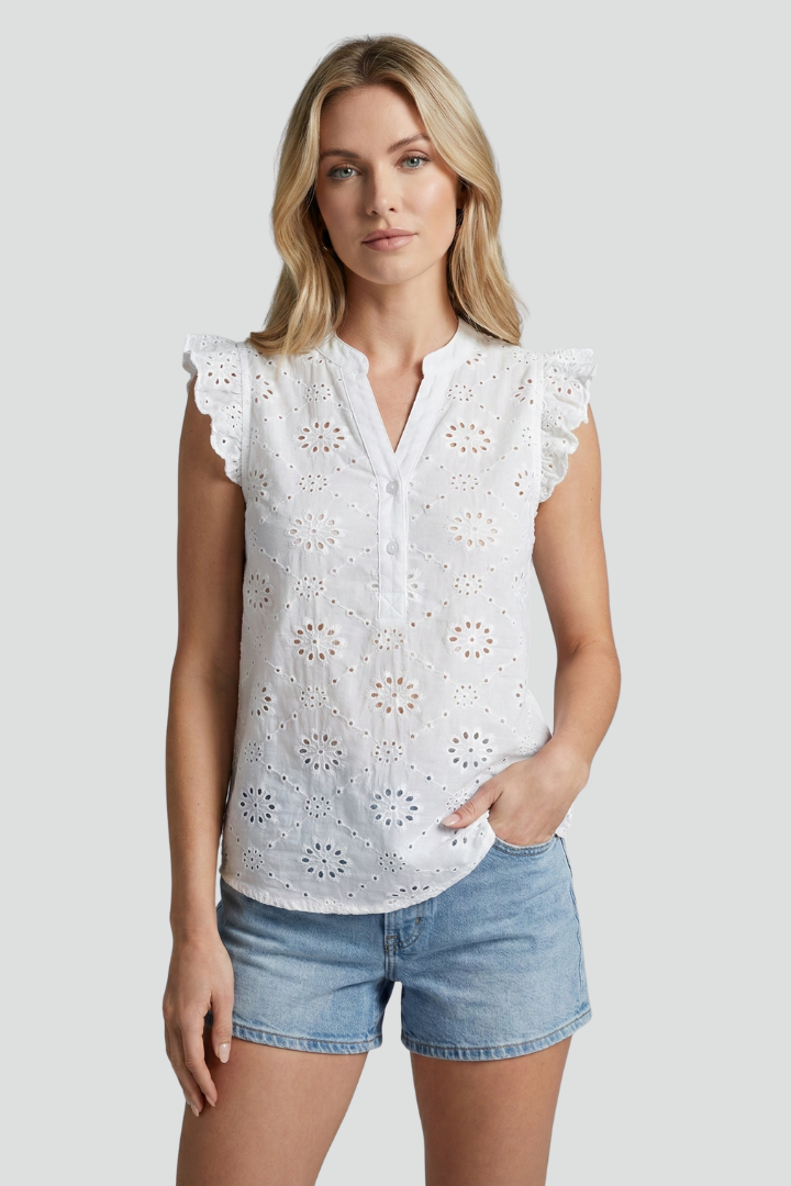 Aeloria | Women’s Sleeveless Eyelet Blouse – Ruffle Shoulder Top, Embroidered Summer Shirt