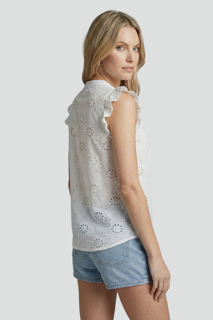 Aeloria | Women’s Sleeveless Eyelet Blouse – Ruffle Shoulder Top, Embroidered Summer Shirt
