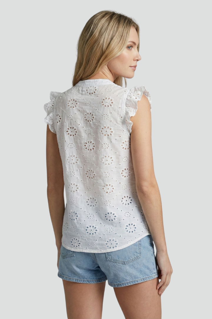 Aeloria | Women’s Sleeveless Eyelet Blouse – Ruffle Shoulder Top, Embroidered Summer Shirt