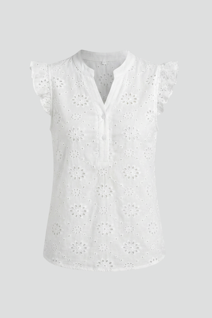 Aeloria | Women’s Sleeveless Eyelet Blouse – Ruffle Shoulder Top, Embroidered Summer Shirt