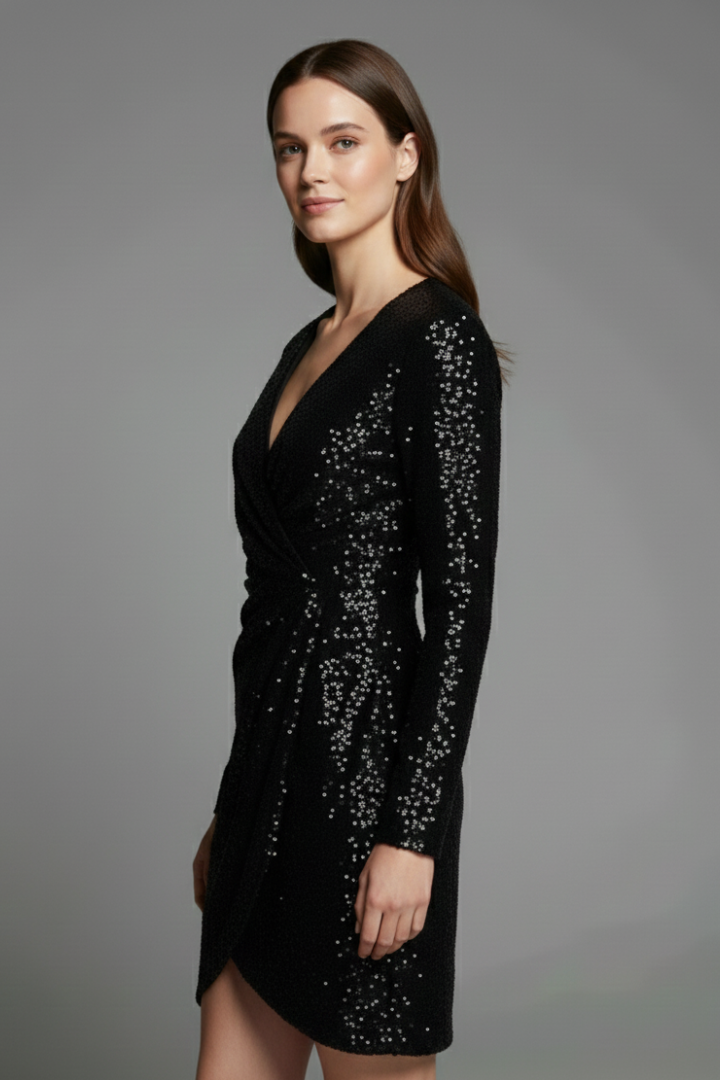 Aeryn | Women’s Evening Mini Dress – Sparkling Sequin Wrap Dress with V Neck