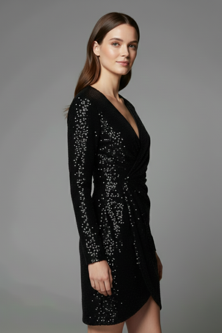 Aeryn | Women’s Evening Mini Dress – Sparkling Sequin Wrap Dress with V Neck