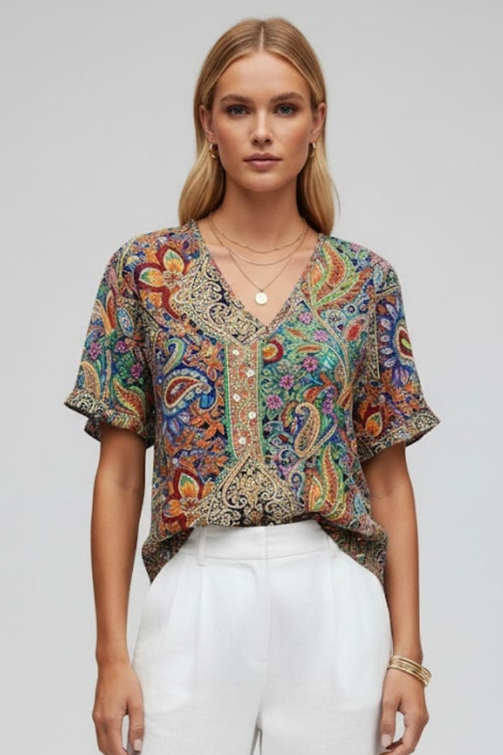 Aira | Women’s Floral V-Neck Blouse – Short Sleeve Relaxed Fit Casual Floral Top