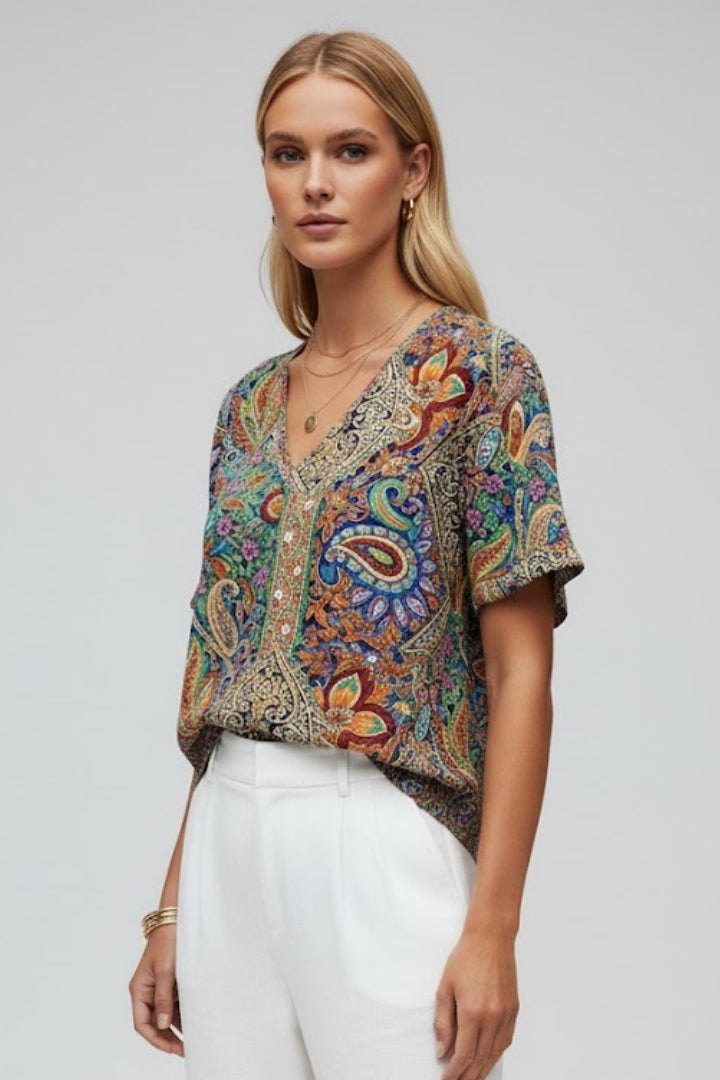 Aira | Women’s Floral V-Neck Blouse – Short Sleeve Relaxed Fit Casual Floral Top