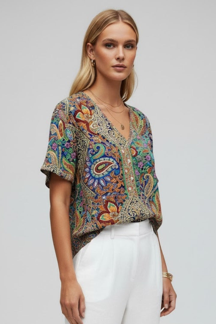 Aira | Women’s Floral V-Neck Blouse – Short Sleeve Relaxed Fit Casual Floral Top