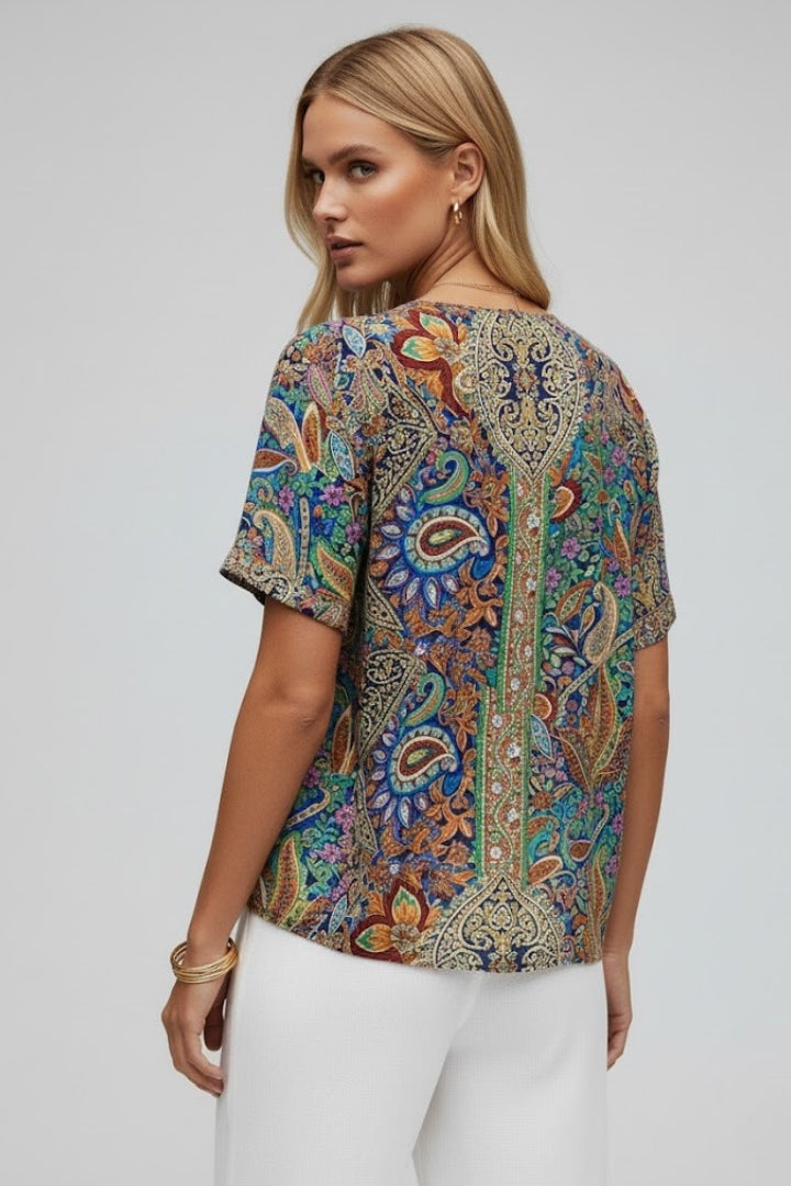 Aira | Women’s Floral V-Neck Blouse – Short Sleeve Relaxed Fit Casual Floral Top