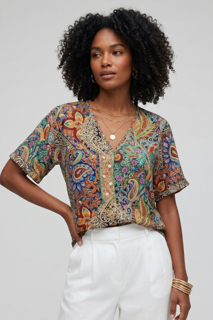 Aira | Women’s Floral V-Neck Blouse – Short Sleeve Relaxed Fit Casual Floral Top