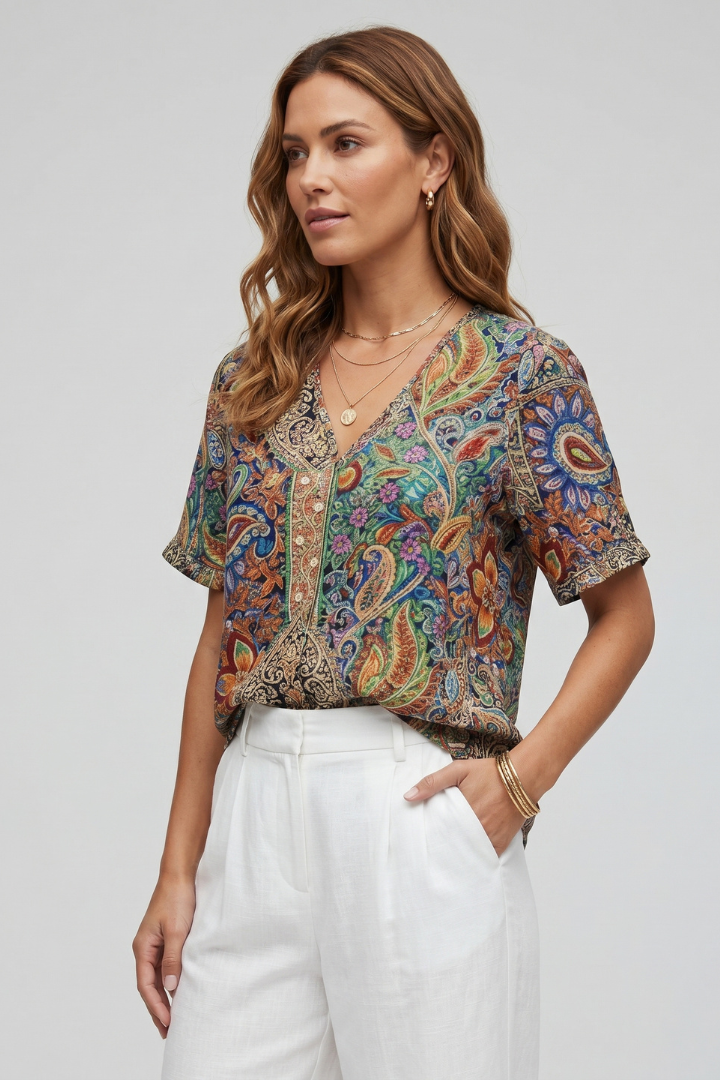 Aira | Women’s Floral V-Neck Blouse – Short Sleeve Relaxed Fit Casual Floral Top