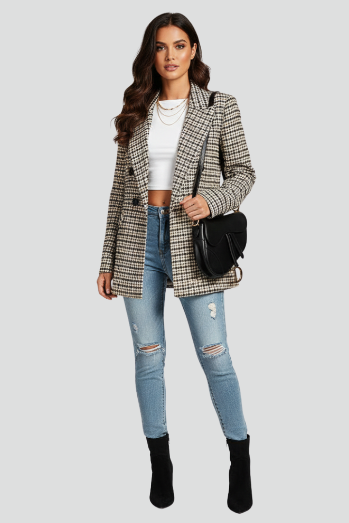 Alessia | Women's Checked Blazer – Notched Lapel Button Front Jacket with Long Sleeves