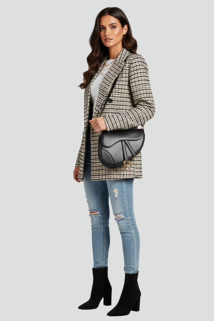 Alessia | Women's Checked Blazer – Notched Lapel Button Front Jacket with Long Sleeves