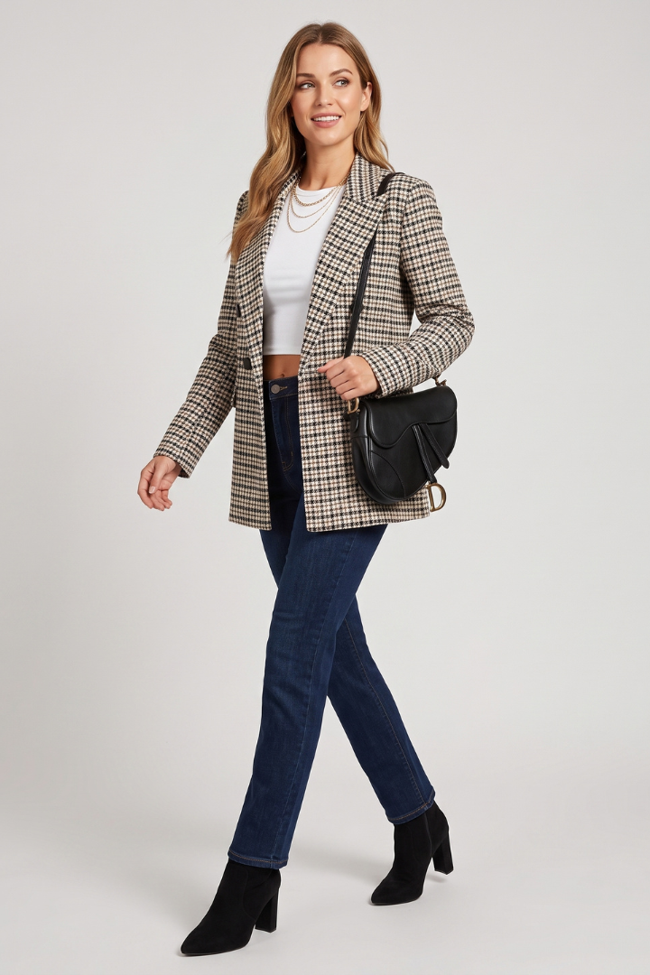 Alessia | Women's Checked Blazer – Notched Lapel Button Front Jacket with Long Sleeves