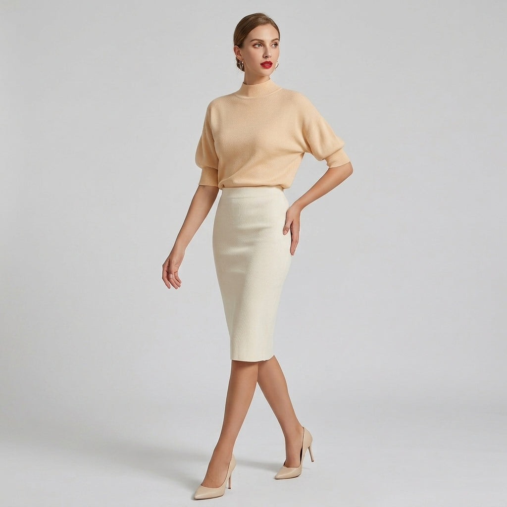 Catriona | Women's Stand-Collar Top – Solid Color Textured Pullover T-Shirt, Fitted Cuff Short Sleeves