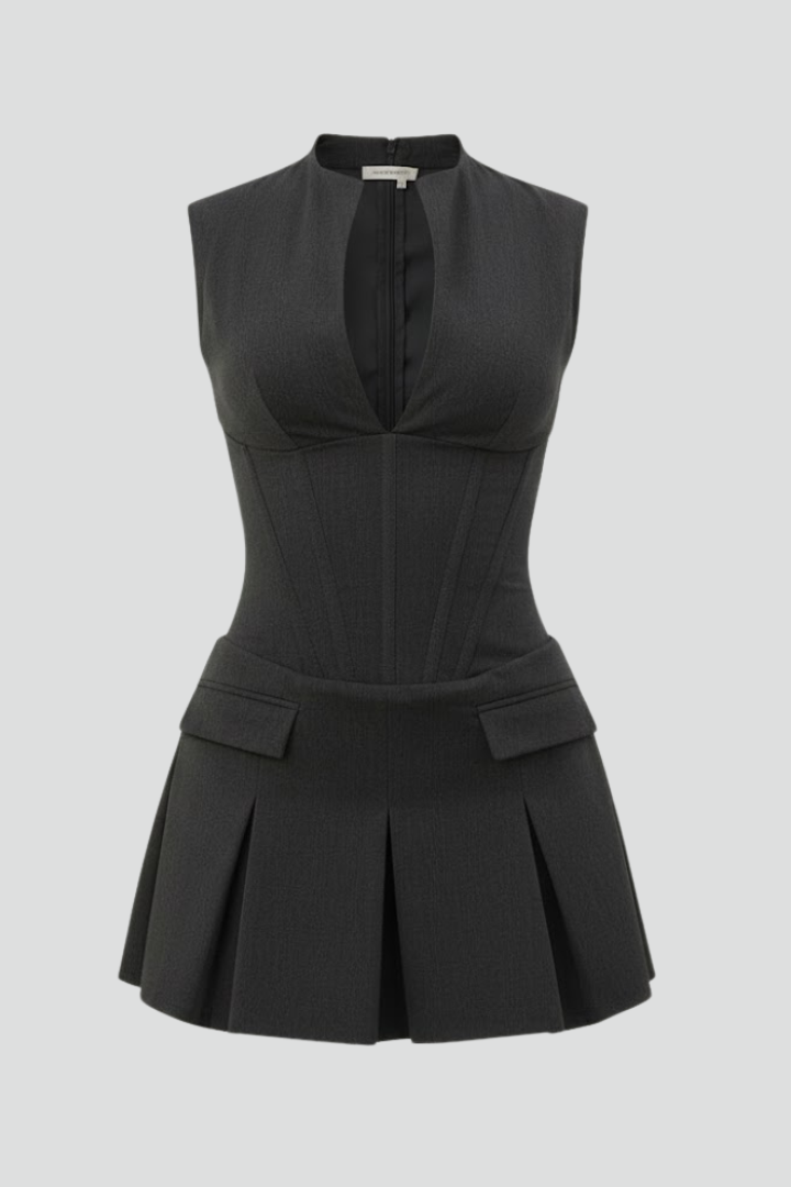 Alouette | Women’s Plunge Neck Mini Dress – Pleated Skirt, Contoured Waist Fit