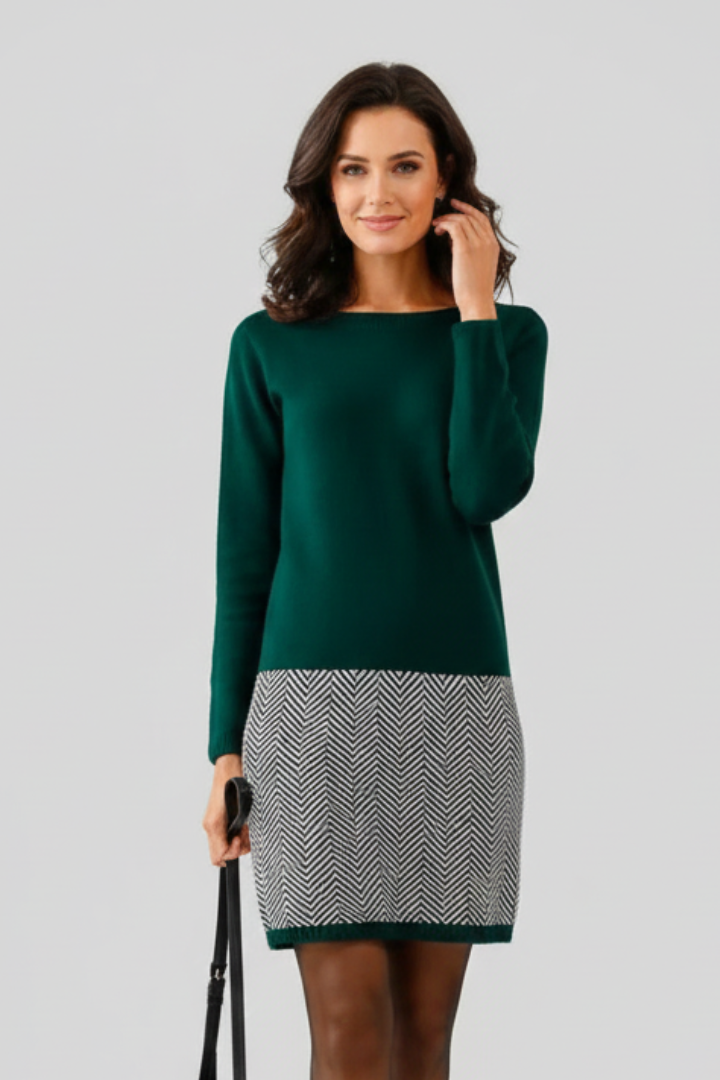 Althea | Women’s Short Day Dress – Round Neck Long Sleeve Dress with Textured Hem