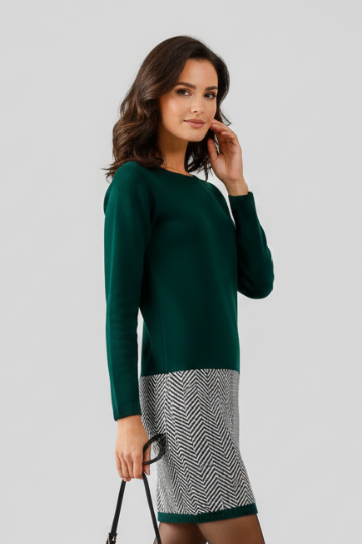 Althea | Women’s Short Day Dress – Round Neck Long Sleeve Dress with Textured Hem