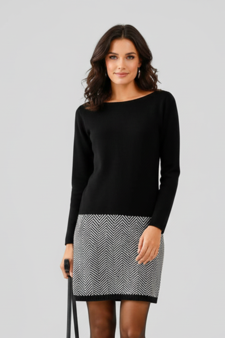 Althea | Women’s Short Day Dress – Round Neck Long Sleeve Dress with Textured Hem