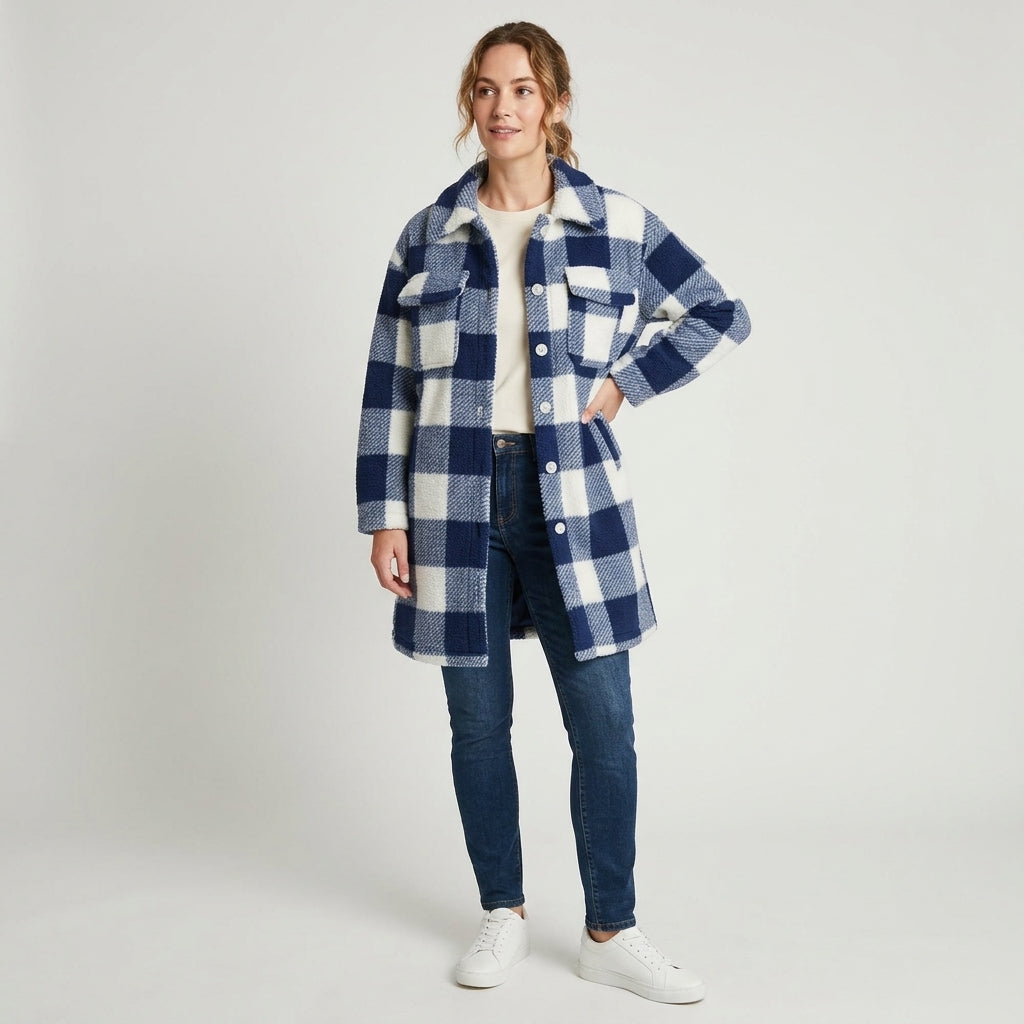 Althelia | Women’s Checked Teddy Fleece Coat – Long Button Front