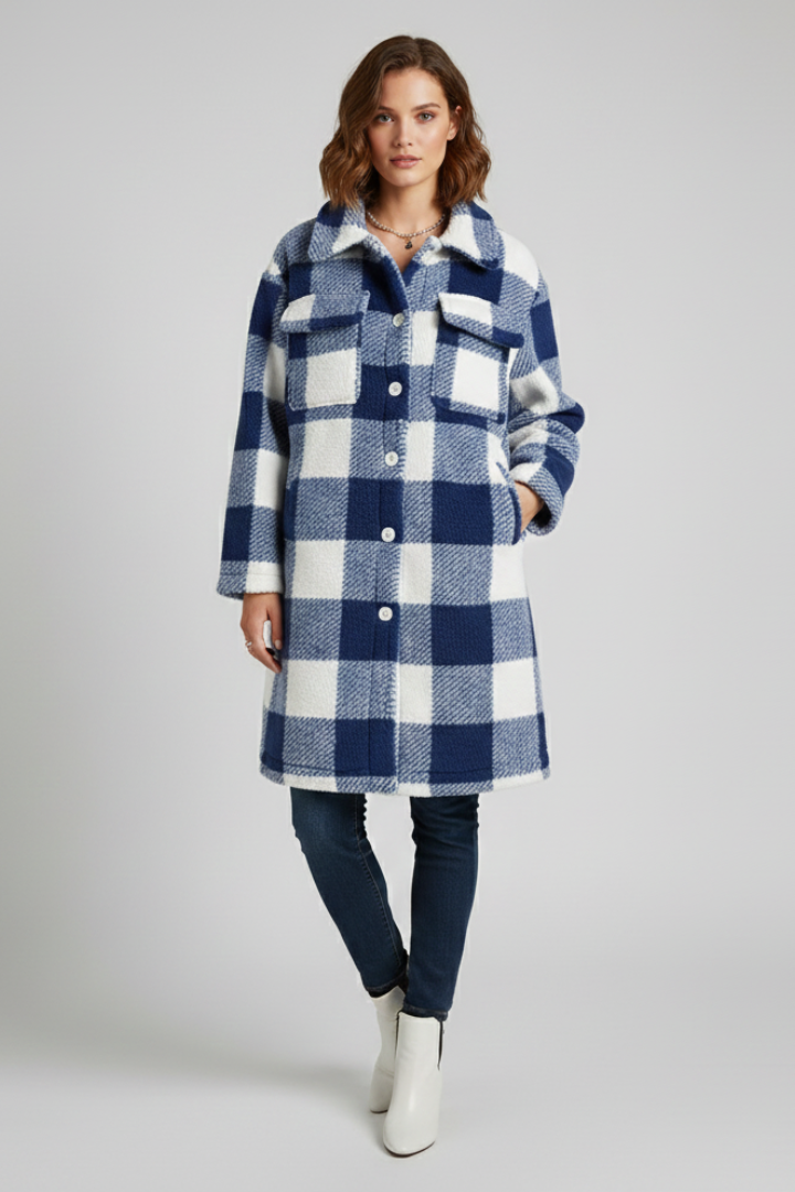 Althelia | Women’s Checked Teddy Fleece Coat – Long Button Front
