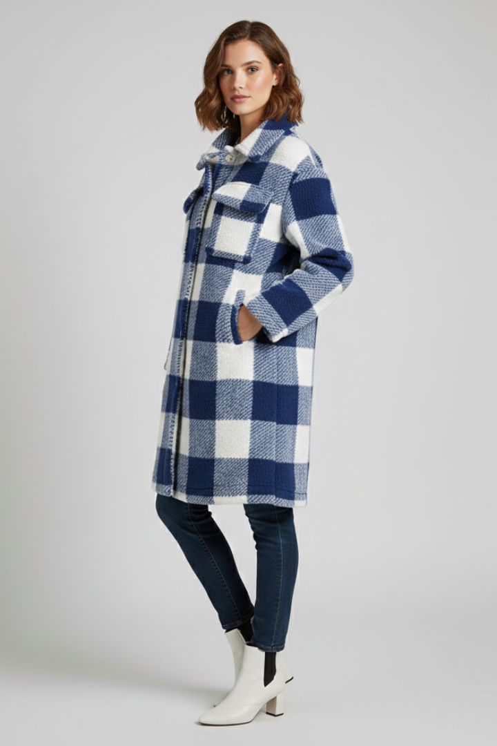Althelia | Women’s Checked Teddy Fleece Coat – Long Button Front