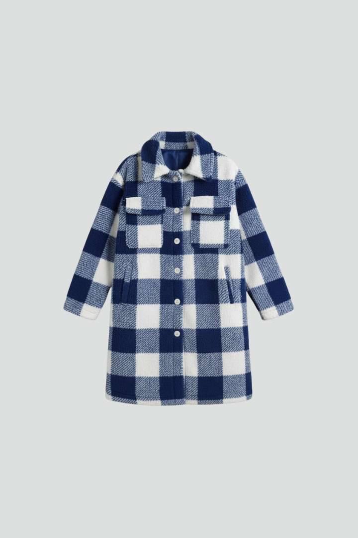 Althelia | Women’s Checked Teddy Fleece Coat – Long Button Front