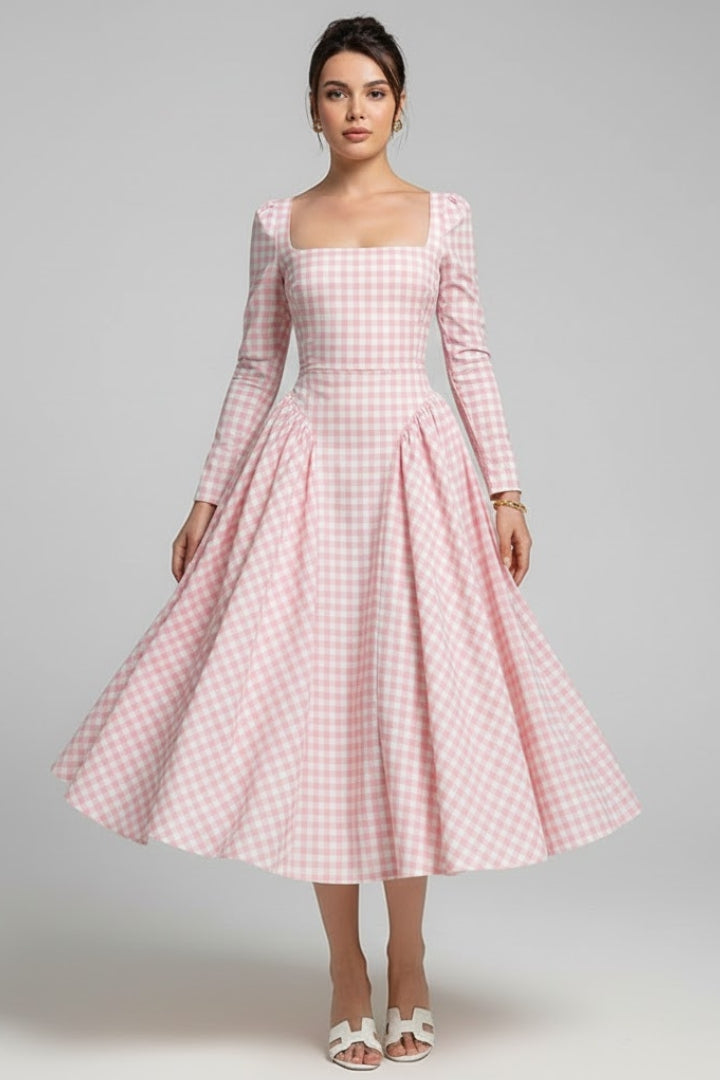 Alva | Women Checked Dress – Square Neck Long Sleeve Knee Length Fit & Flare Dress