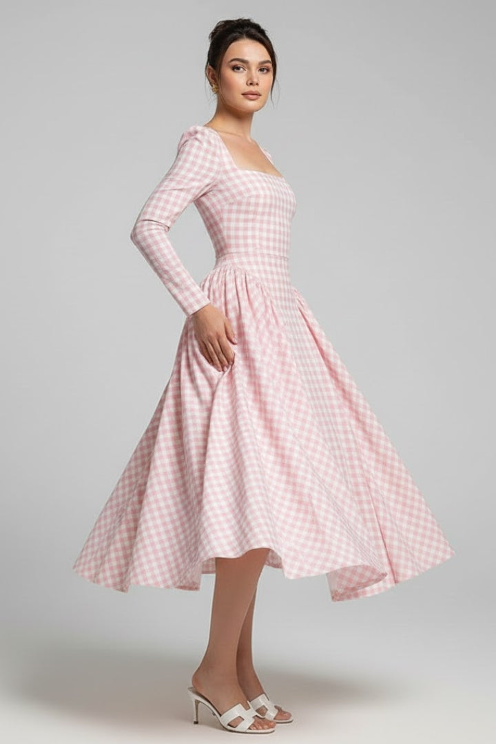 Alva | Women Checked Dress – Square Neck Long Sleeve Knee Length Fit & Flare Dress