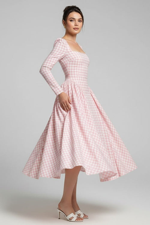 Alva | Women Checked Dress – Square Neck Long Sleeve Knee Length Fit & Flare Dress