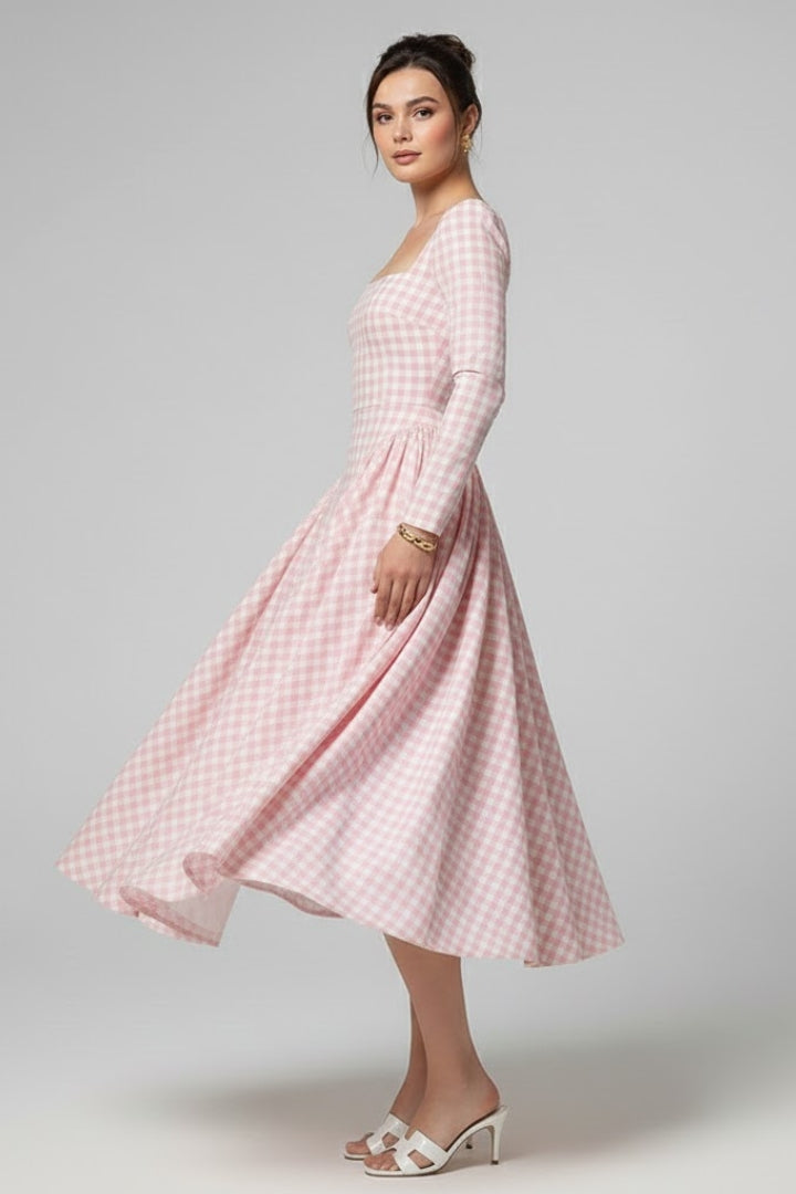 Alva | Women Checked Dress – Square Neck Long Sleeve Knee Length Fit & Flare Dress