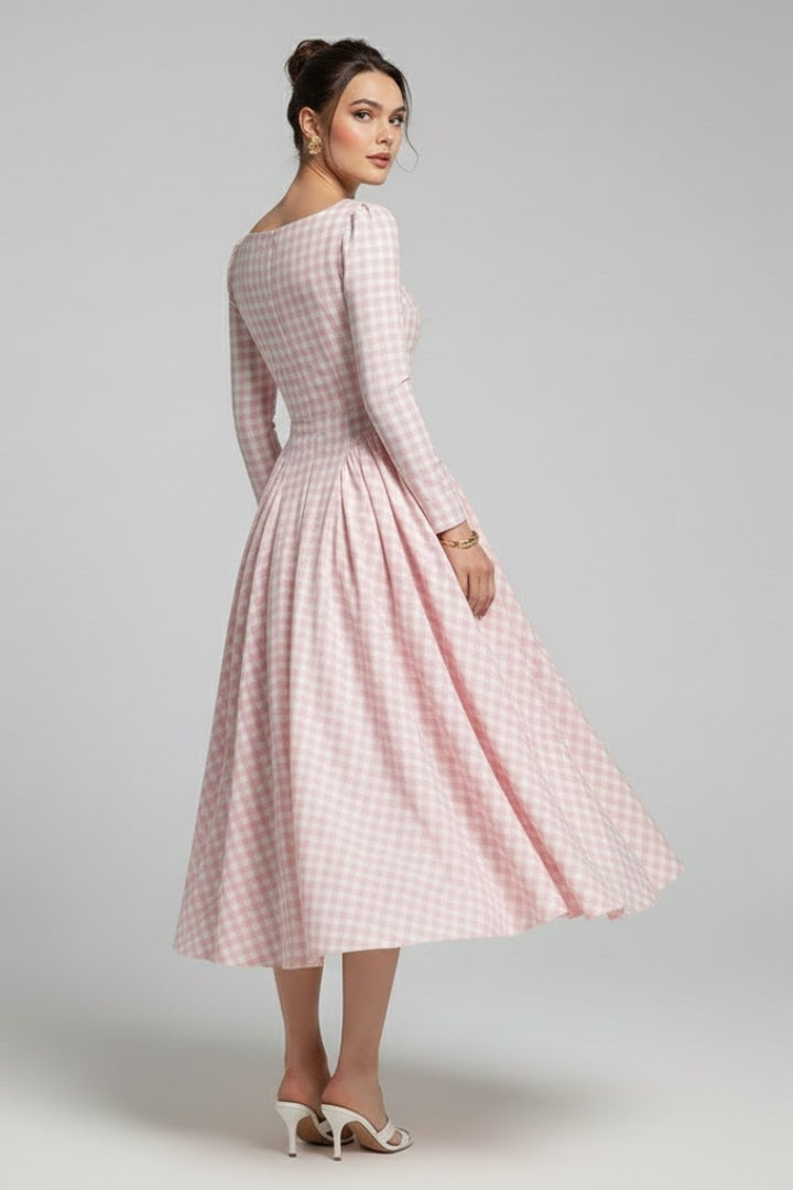 Alva | Women Checked Dress – Square Neck Long Sleeve Knee Length Fit & Flare Dress