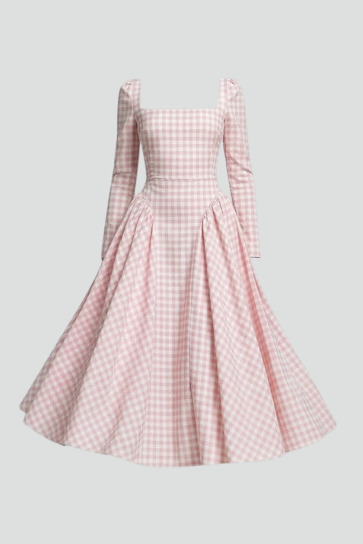 Alva | Women Checked Dress – Square Neck Long Sleeve Knee Length Fit & Flare Dress