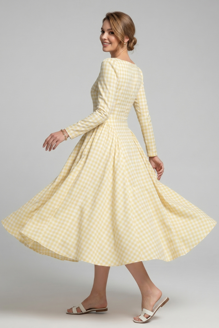 Alva | Women Checked Dress – Square Neck Long Sleeve Knee Length Fit & Flare Dress