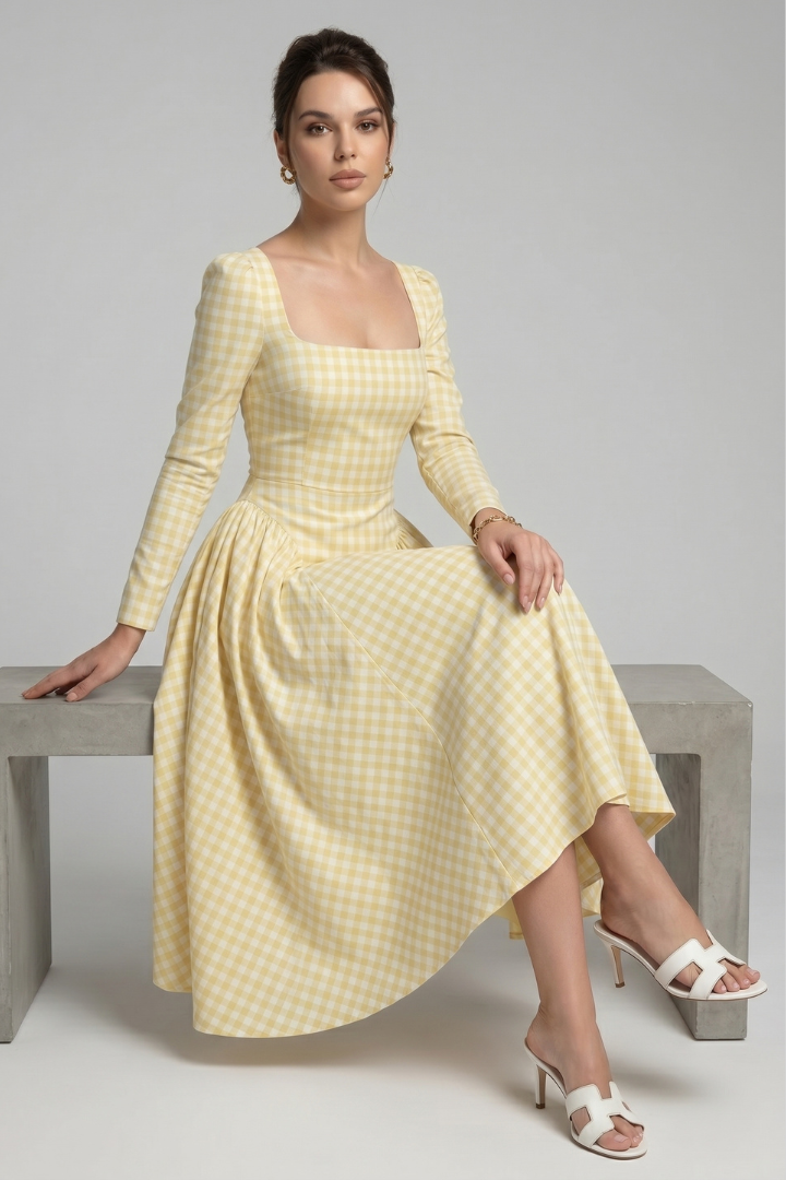Alva | Women Checked Dress – Square Neck Long Sleeve Knee Length Fit & Flare Dress