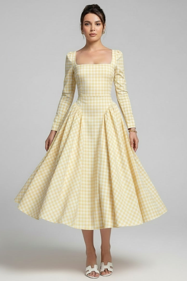Alva | Women Checked Dress – Square Neck Long Sleeve Knee Length Fit & Flare Dress